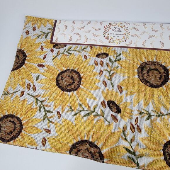 Set of 4 Yellow Sunflowers Tapestry Placemats Cotton Poly Brown Back 13" x 19" - Picture 12 of 13